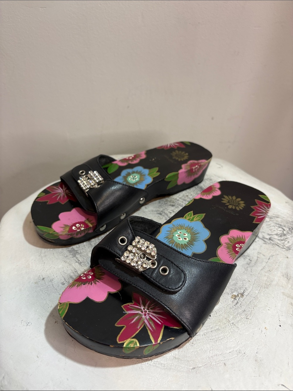 Vintage Floral Wooden Platform Slide Sandals Rhinestone Rivet Leather Hand Paint